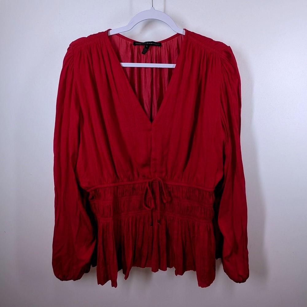 White House Black Market Red Smocked Waist V-Neck Peplum Blouse Large - Picture 2 of 7